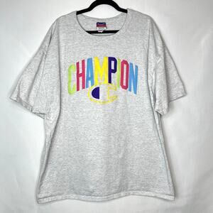 Champion Neon Retro Logo Graphic Tee Short Sleeve Grey T-Shirt Size XXL